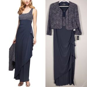 NWT Alex Evenings SET Dress Jacket Size 18 Purple Stretch Draped Mother of Bride